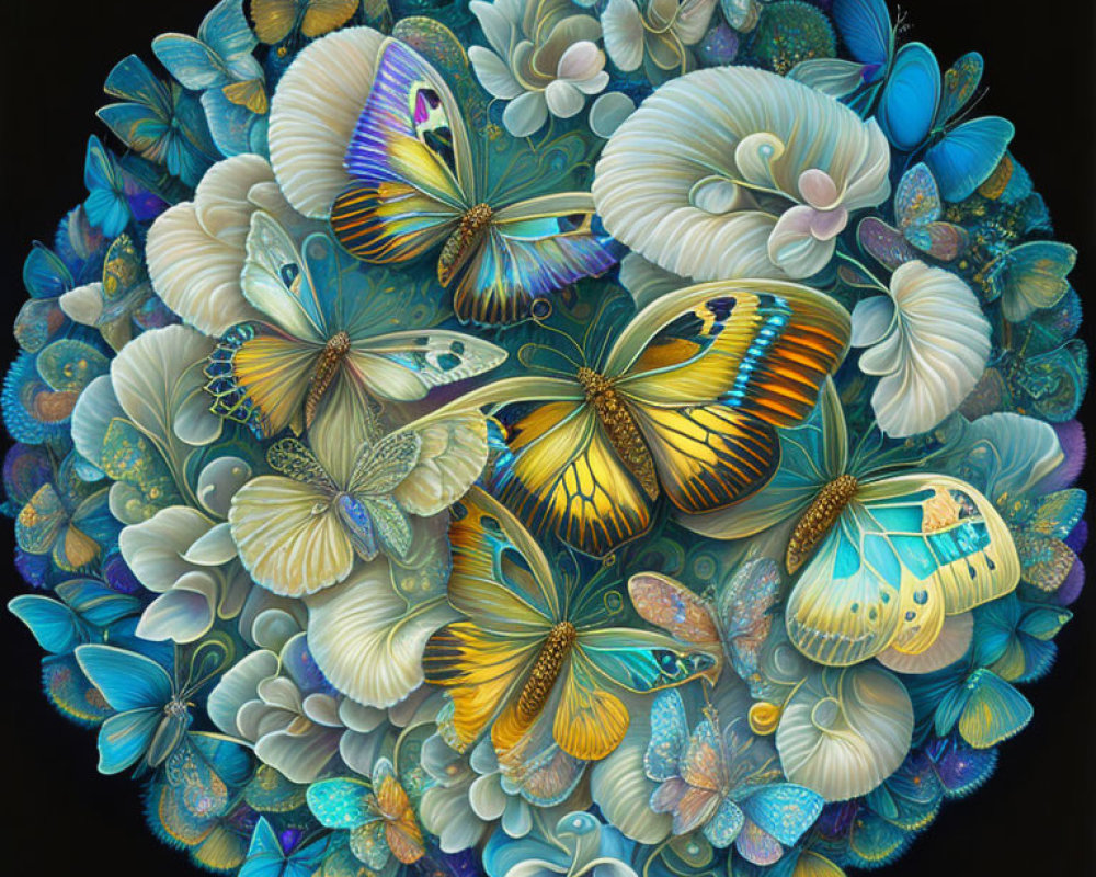 Colorful Butterfly Circle Artwork with Flowers and Leaves on Dark Background