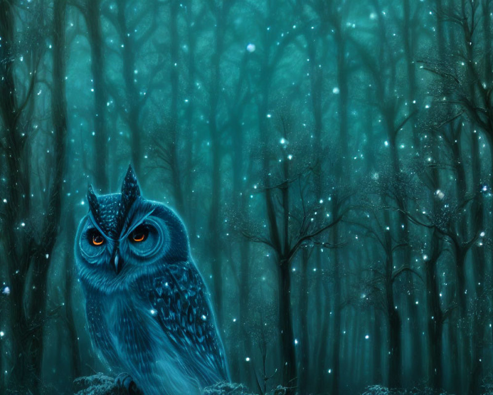 Blue owl in luminous forest with floating orbs - Enigmatic scene