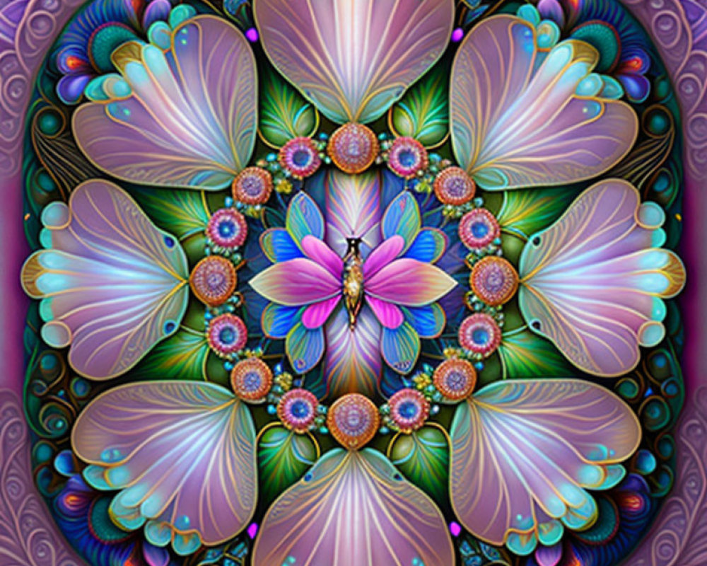 Symmetrical floral and shell-like digital mandala in purple, blue, and pink hues