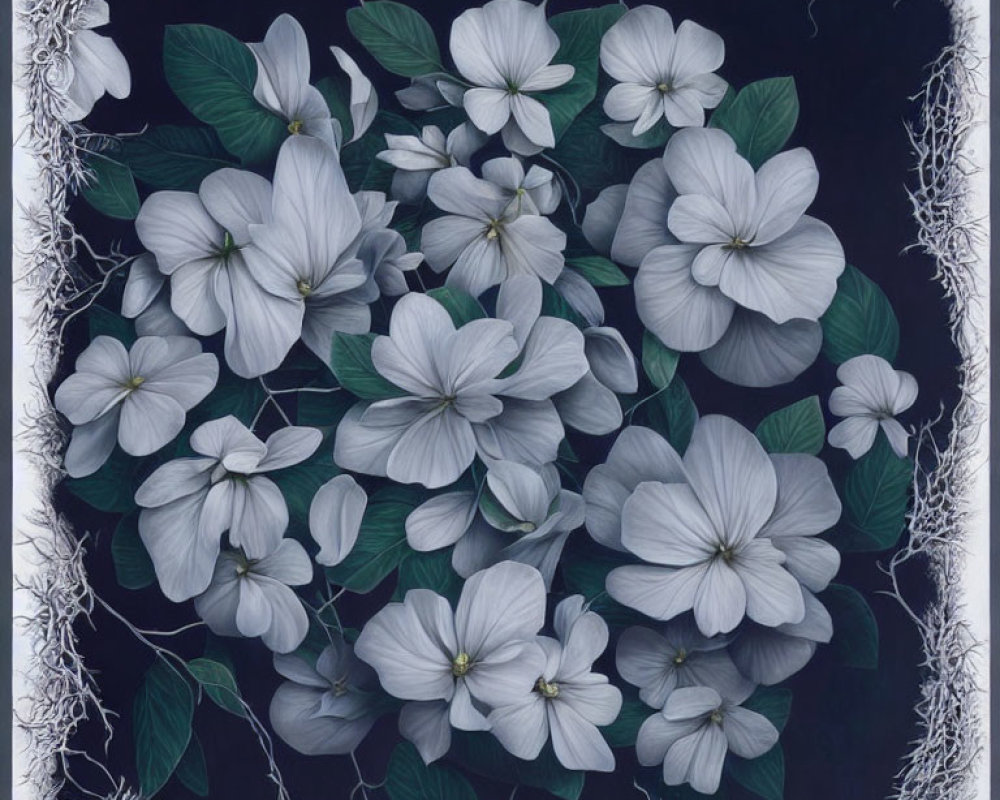 White Flowers Painting with Yellow Centers and Vines on Dark Background