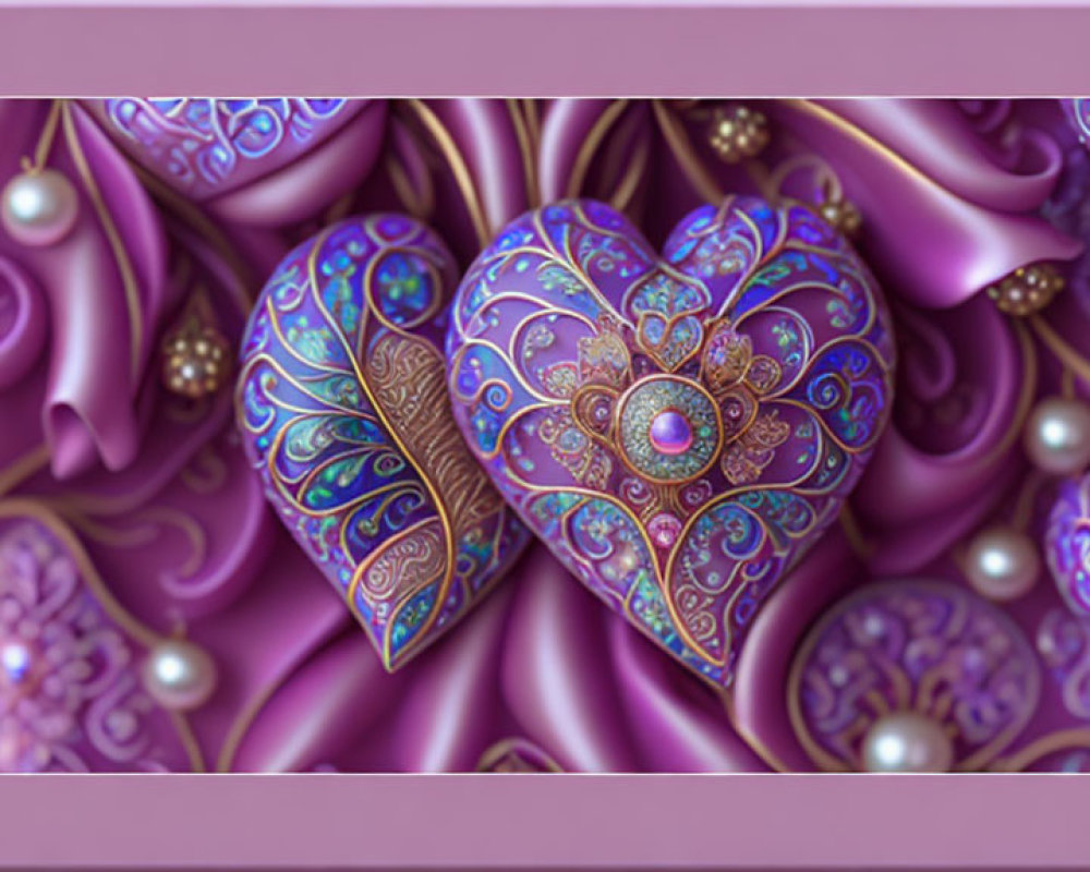 Decorative heart with intricate purple and gold patterns on stylized backdrop.