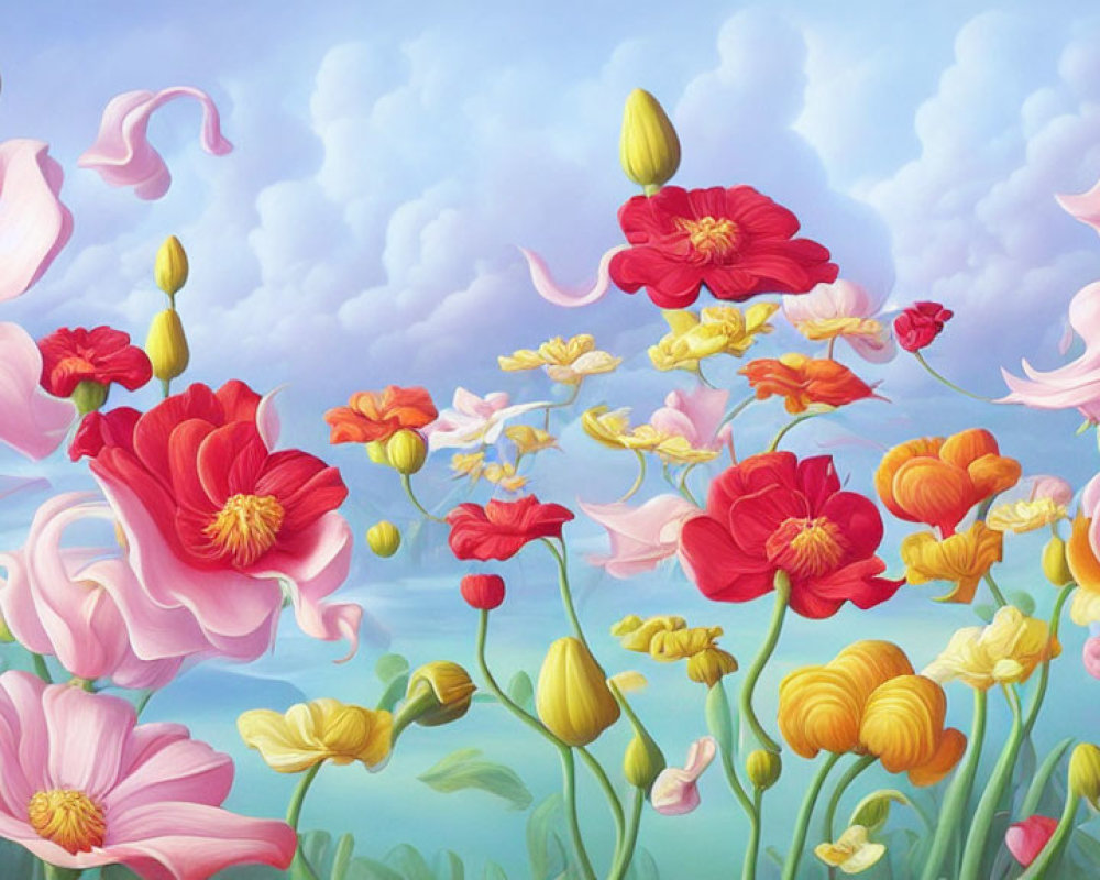 Colorful floral painting with red, pink, and yellow petals on a blue sky background