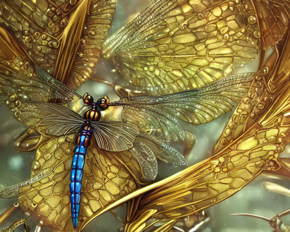 Colorful Dragonfly with Blue Body on Golden Wings and Patterned Background