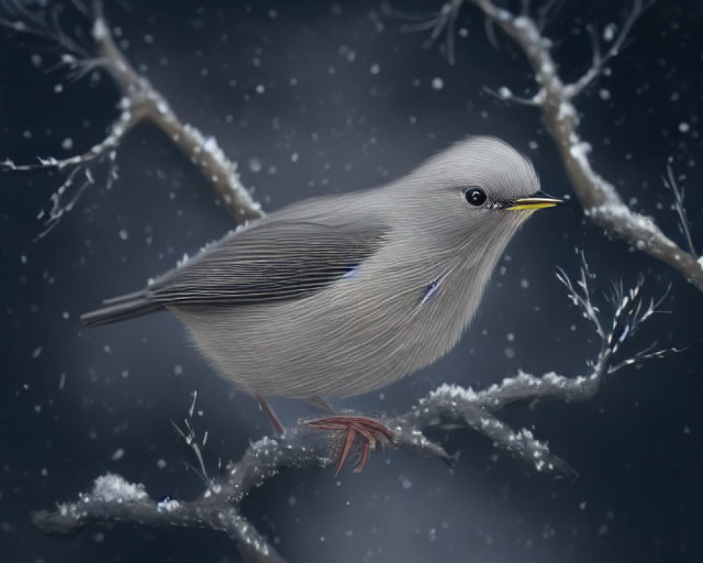 Gray bird with yellow beak on snowy branch in dark background