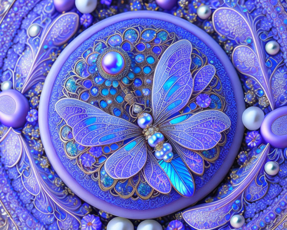 Detailed Blue and Purple Fractal Image with Butterfly Design