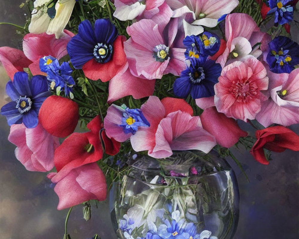 Colorful Flower Bouquet in Clear Glass Vase on Moody Background