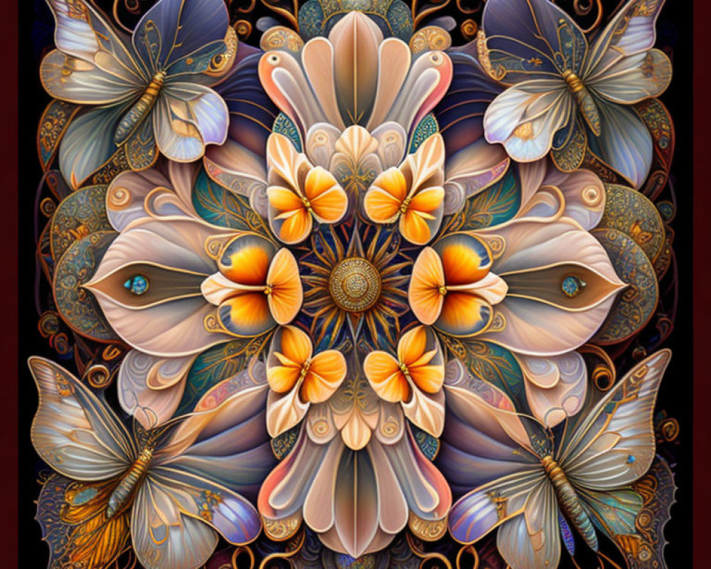 Symmetrical Butterfly and Floral Mandala Artwork in Warm Hues