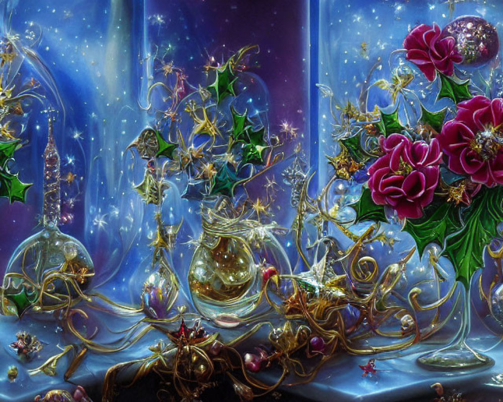 Vibrant pink flowers, golden stems, fairies, and celestial backgrounds in fantastical still life