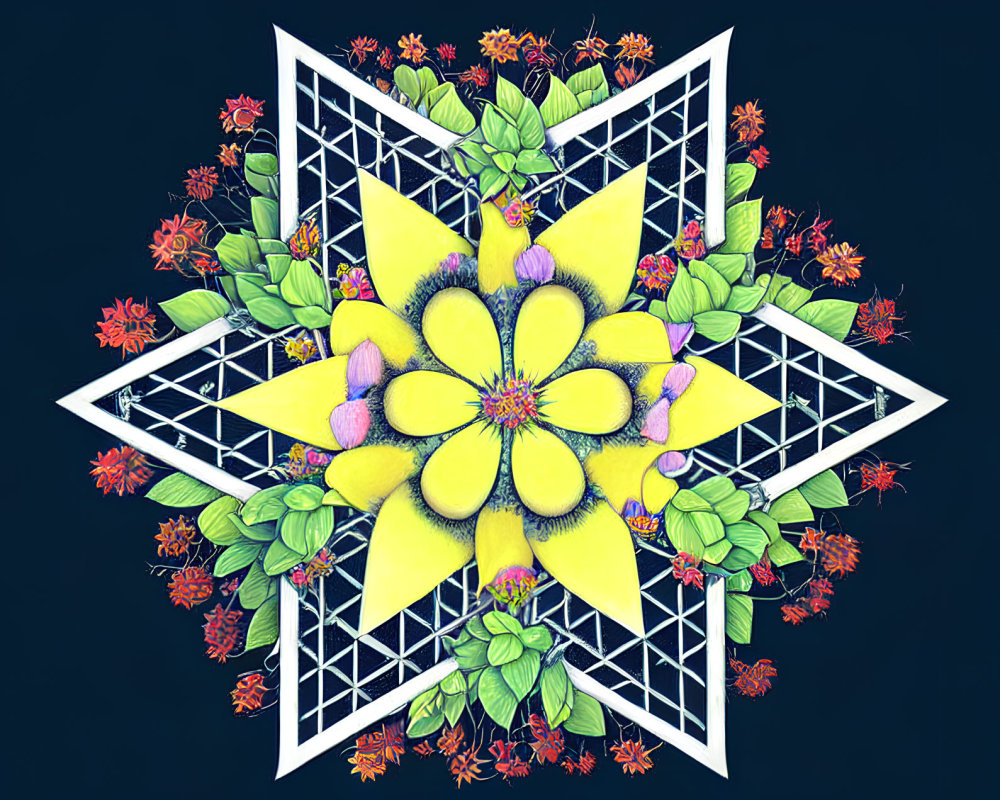 Symmetrical star mandala with intricate floral designs on dark background