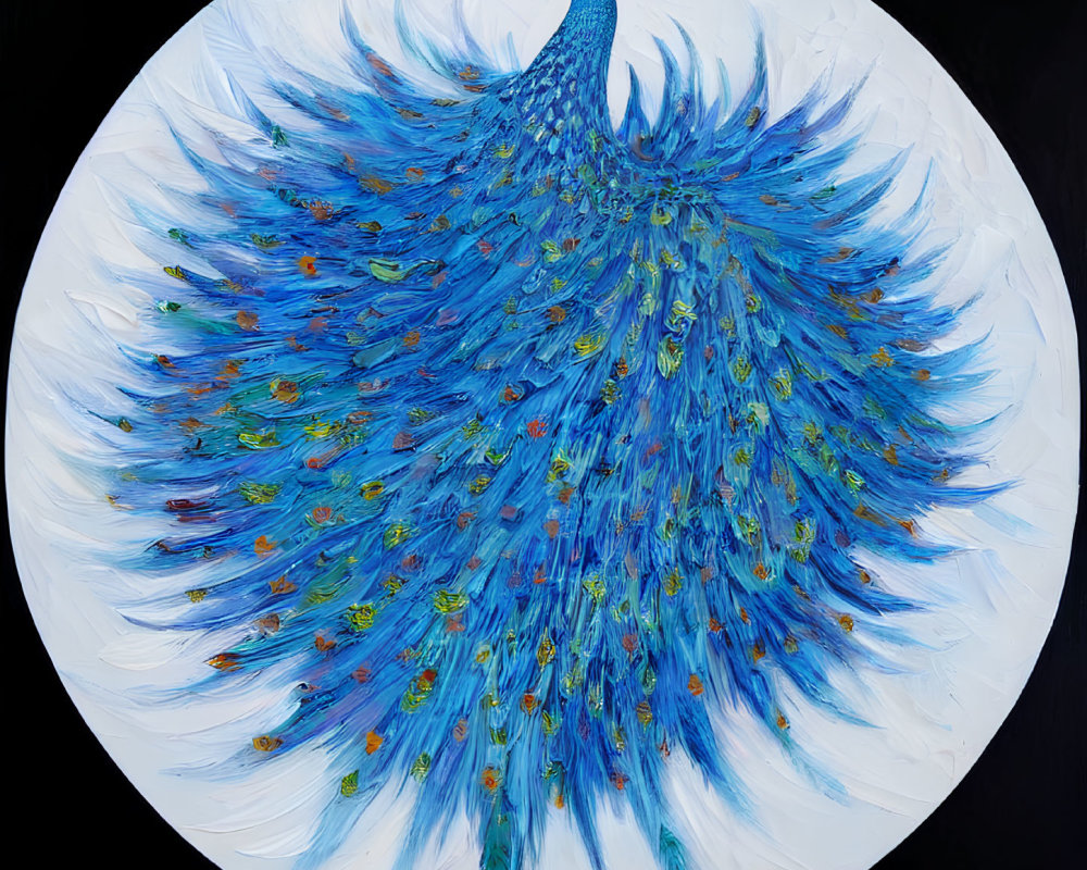 Circular Peacock Painting in Blue, Green, and Gold