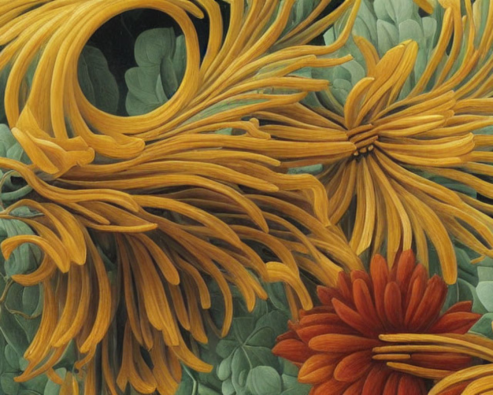 Detailed painting of flowers with lush greenery and flowing yellow petals