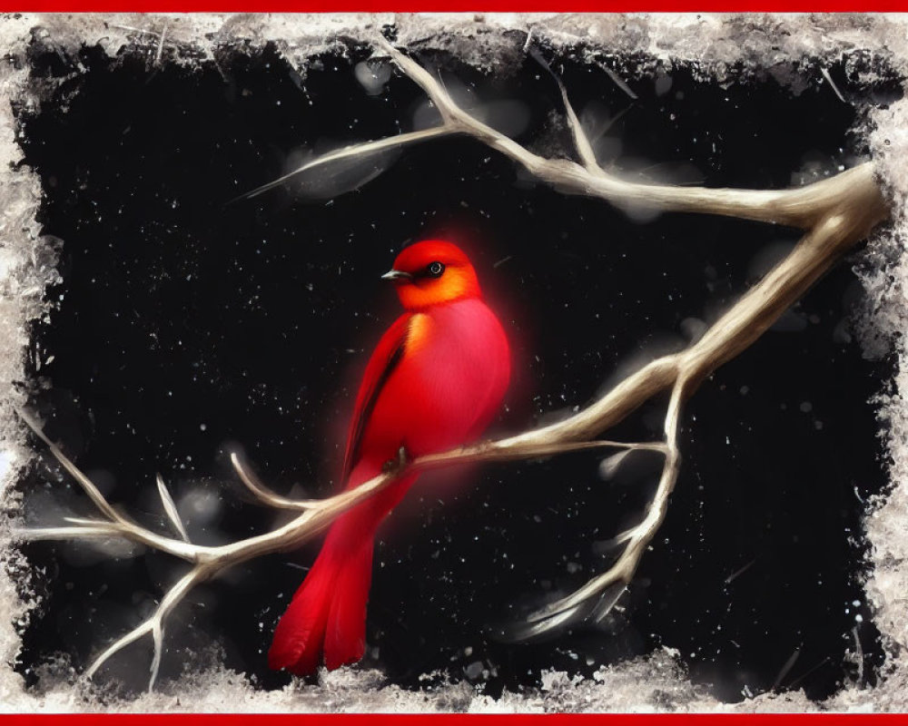 Red cardinal on snowy branch with dark border