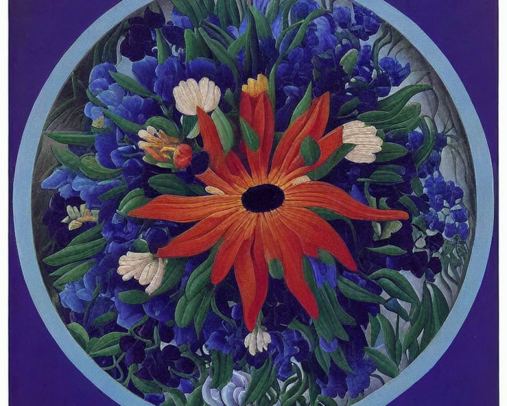 Circular Composition of Vibrant Flowers with Red-Orange Bloom on Blue Background