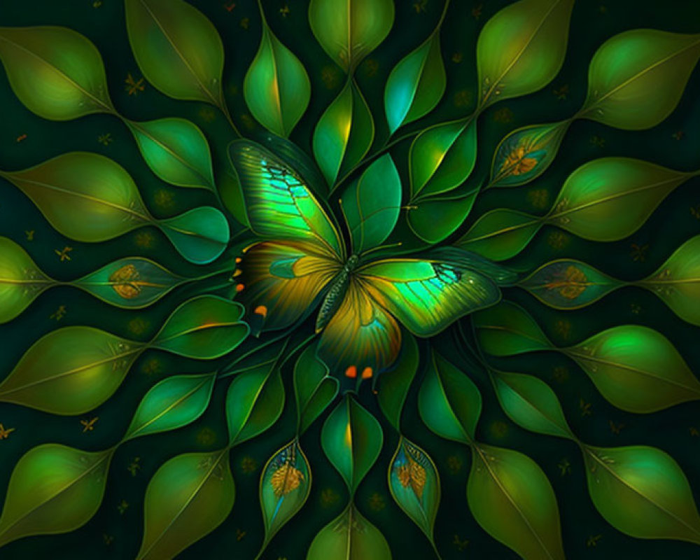 Symmetrical leaf patterns with luminescent butterfly on dark green background