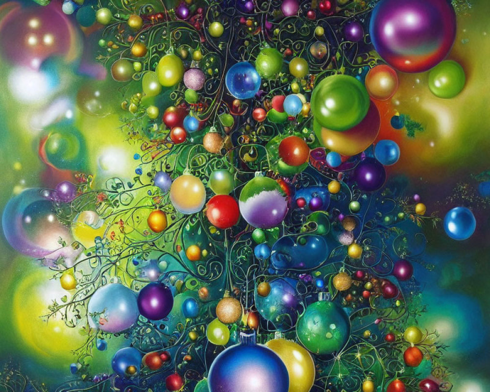 Colorful Glossy Spheres and Filigree Structures on Starry Background