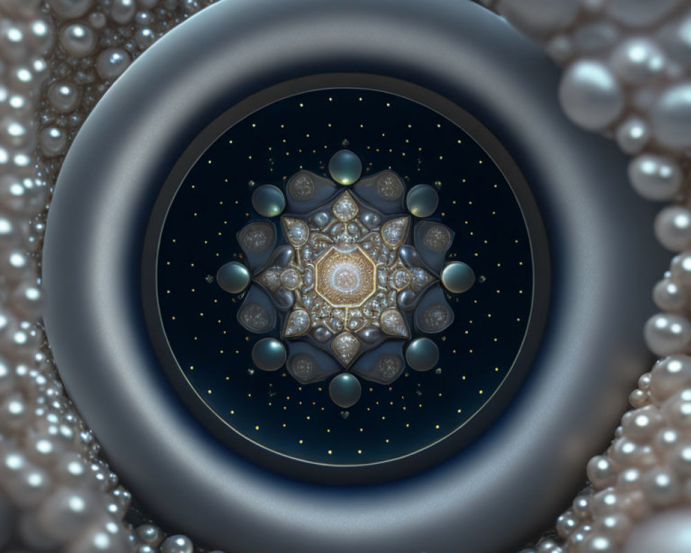 Circular Fractal Image with Pearl-like Spheres on Dark Background