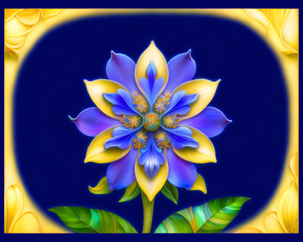 Stylized blue and yellow flower illustration on dark blue background