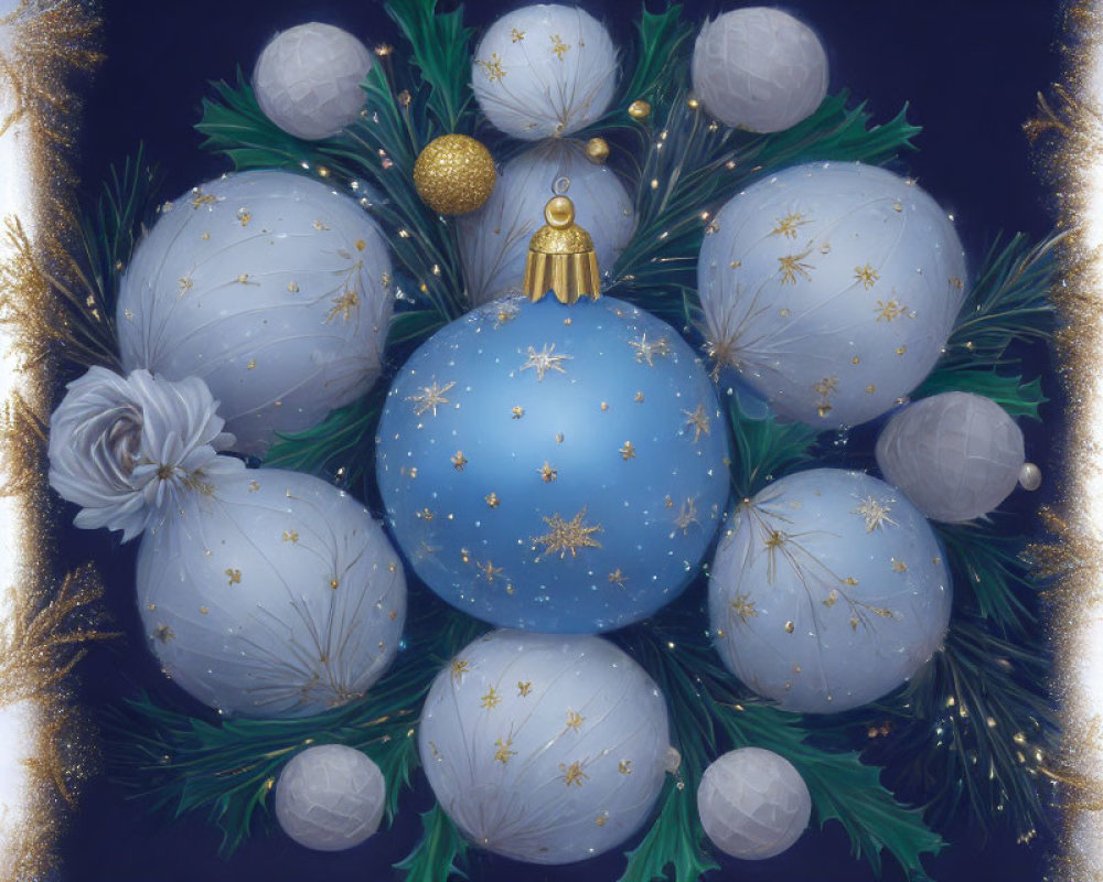 Christmas wreath with blue, gold, and white ornaments on dark background