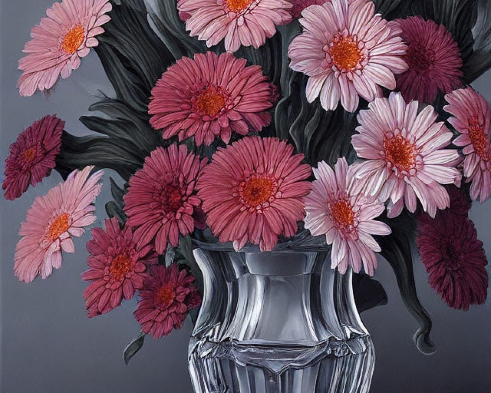 Pink Gerbera Daisies Bouquet in Clear Glass Vase on Grey Background