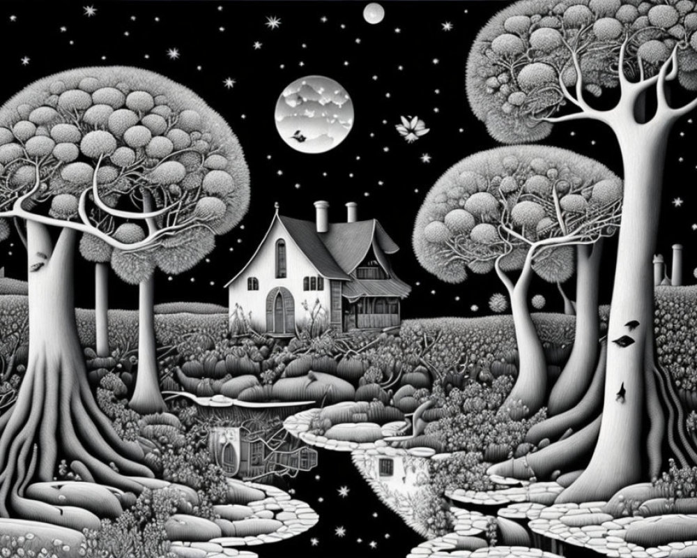 Monochromatic whimsical nocturnal landscape with stylized trees and cozy house