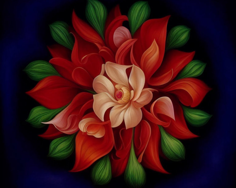 Symmetrical floral digital painting with cream blossom on dark blue background