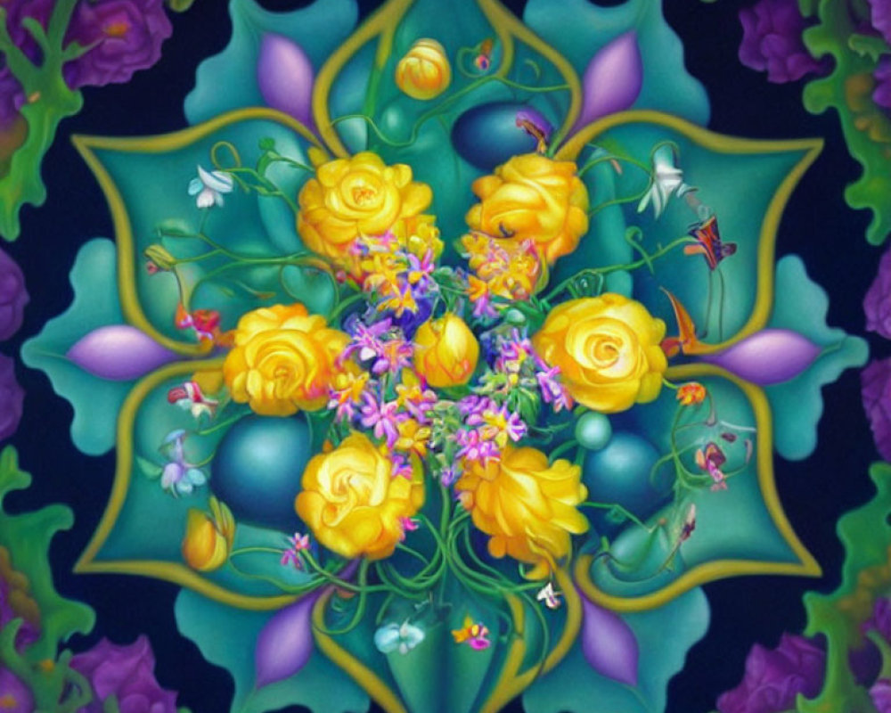 Symmetrical yellow rose illustration with kaleidoscopic floral pattern