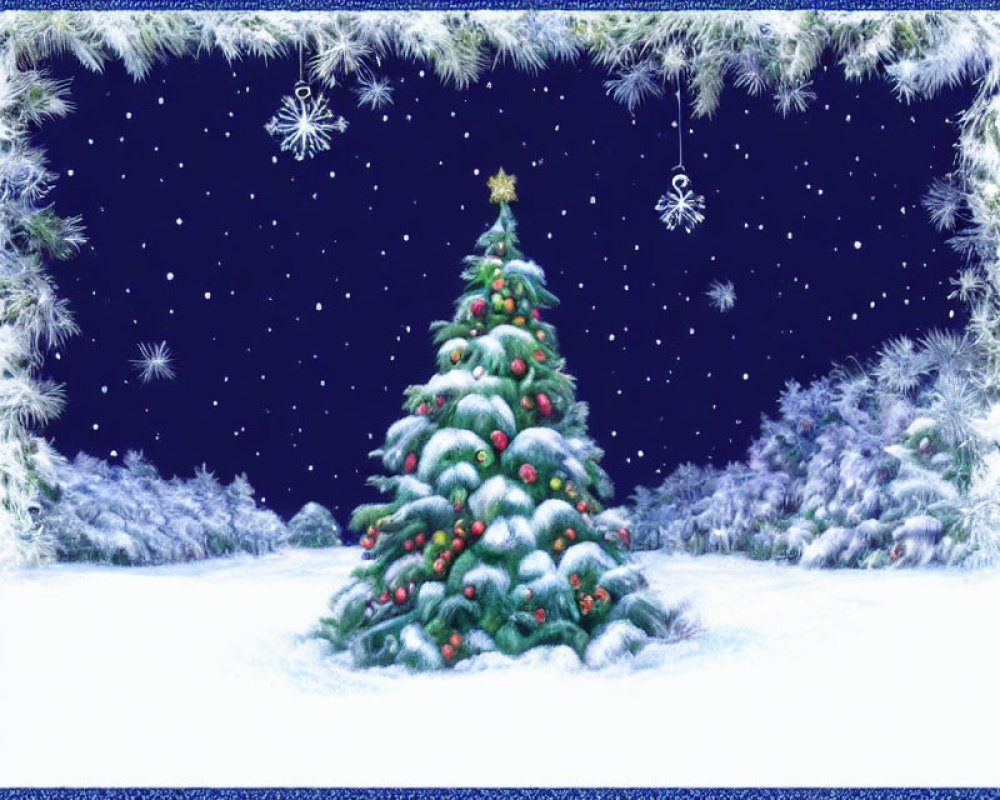 Christmas tree illustration in snowy night scene