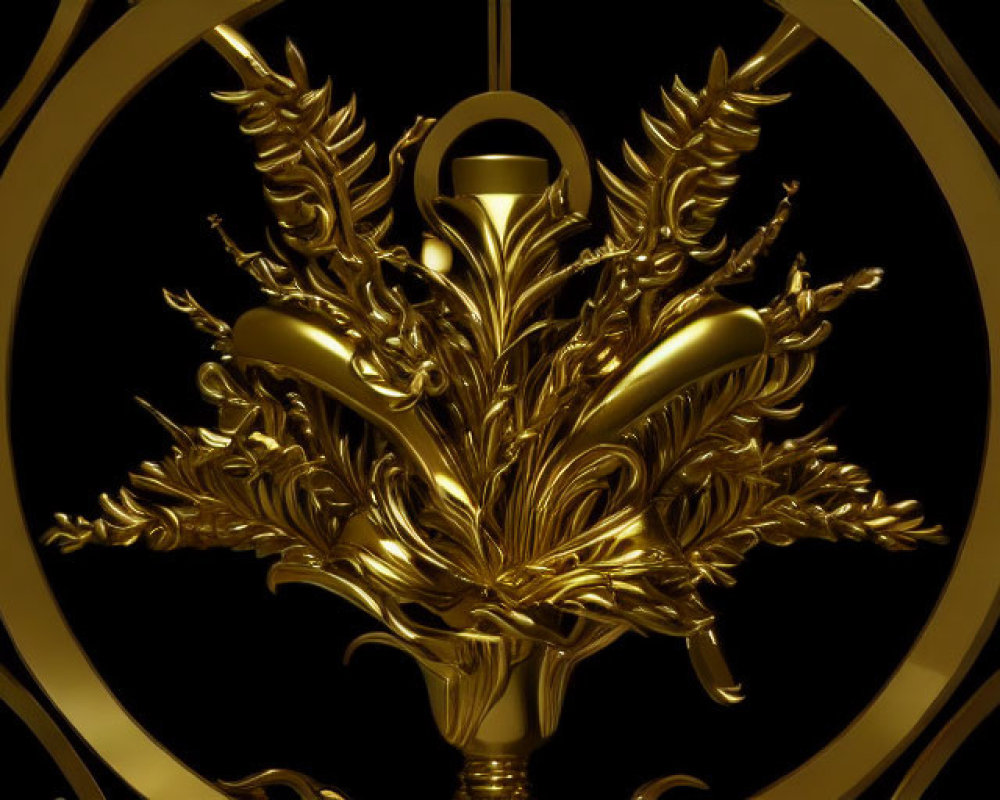 Intricate Golden Emblem with Leaf Designs on Black Background