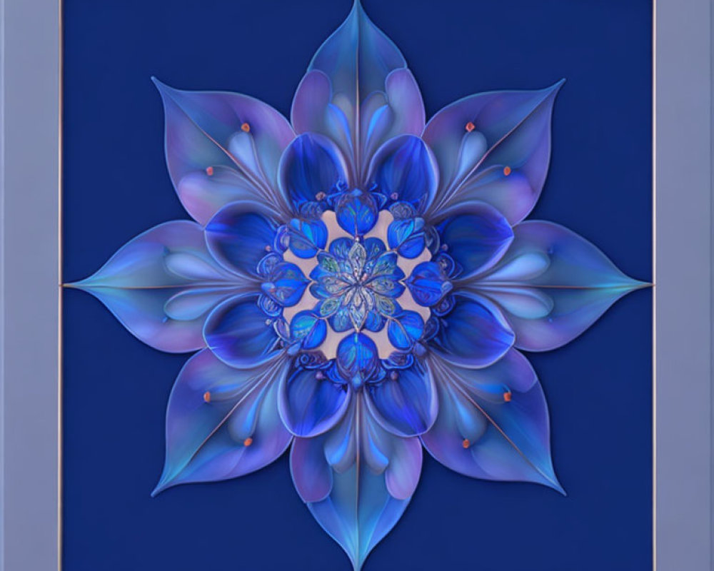 Symmetric blue flower digital art in 3D effect on purple background