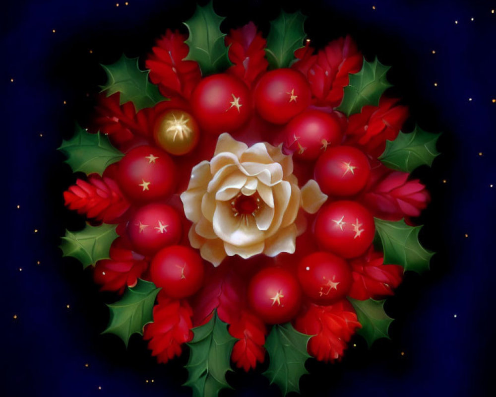 Festive wreath with holly berries, rose, stars on dark blue.