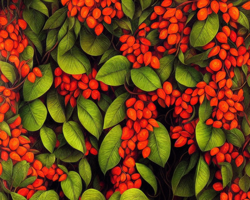 Green leaves and red berries create vibrant natural tapestry