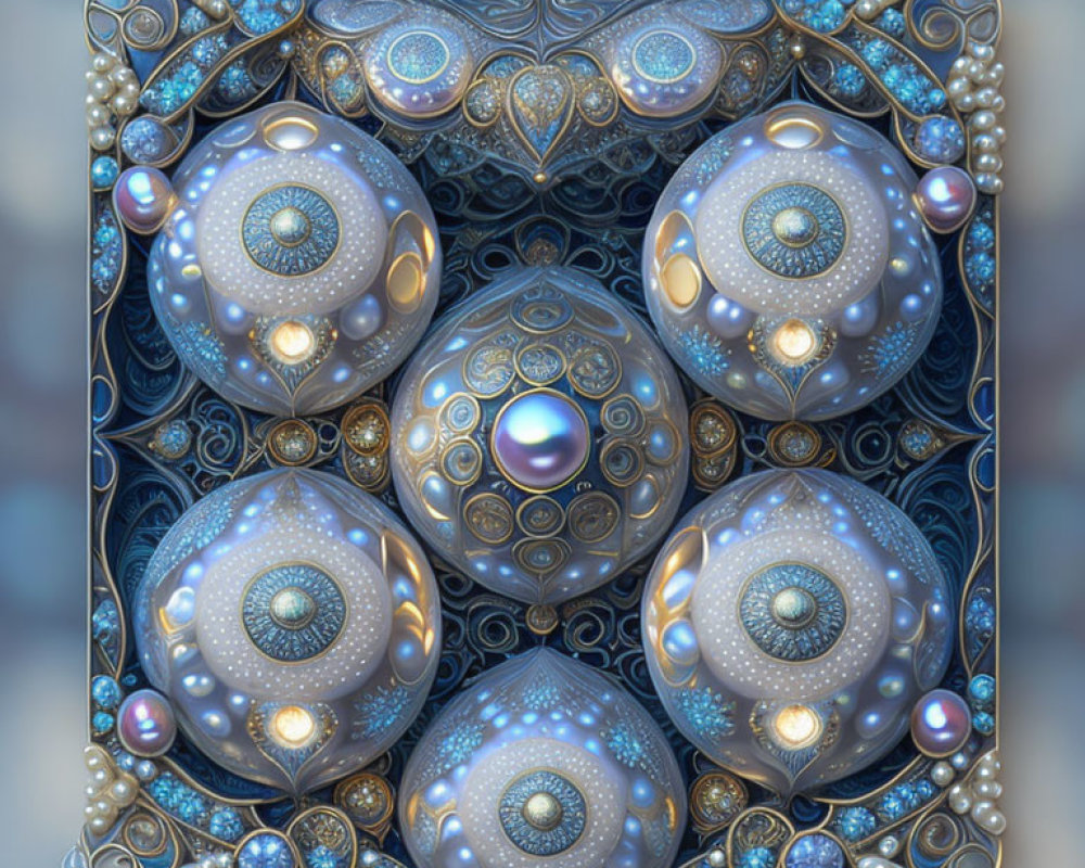 Symmetrical fractal image with intricate blue, silver, and gold orbs