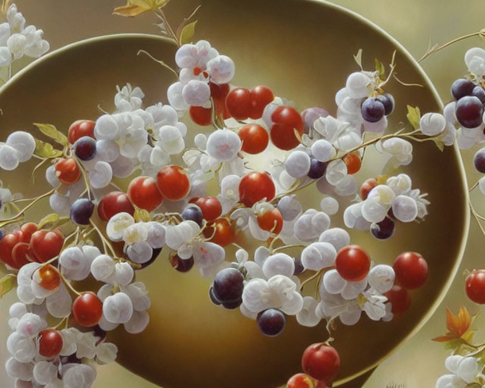 Hyperrealistic Painting of Grapevines with Grapes and Blossoms