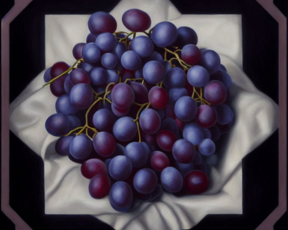 Realistic Painting of Purple Grapes on White Cloth with Dark Octagonal Frame