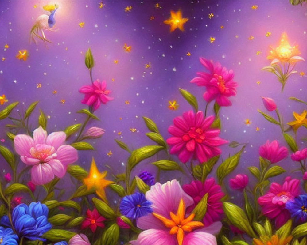 Fantasy scene with vibrant flowers and glowing figure in magical sky