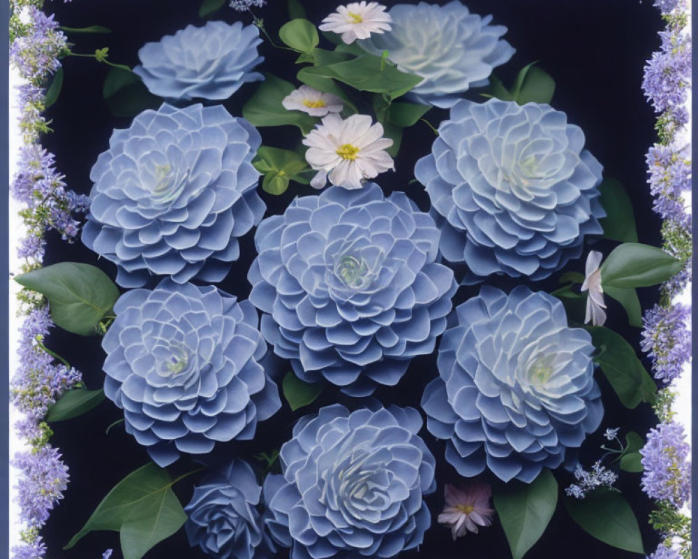 Blue hydrangea flowers with white and lilac blossoms on dark background