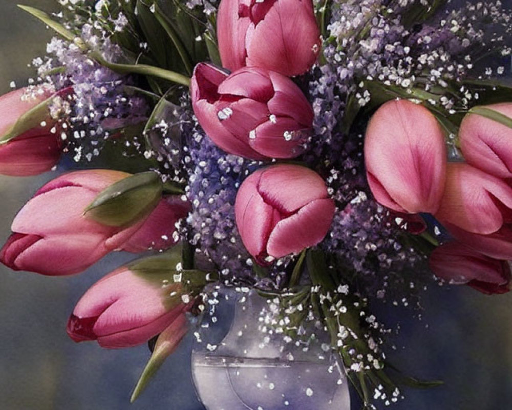 Pink tulips and white baby's breath in glass vase with water droplets