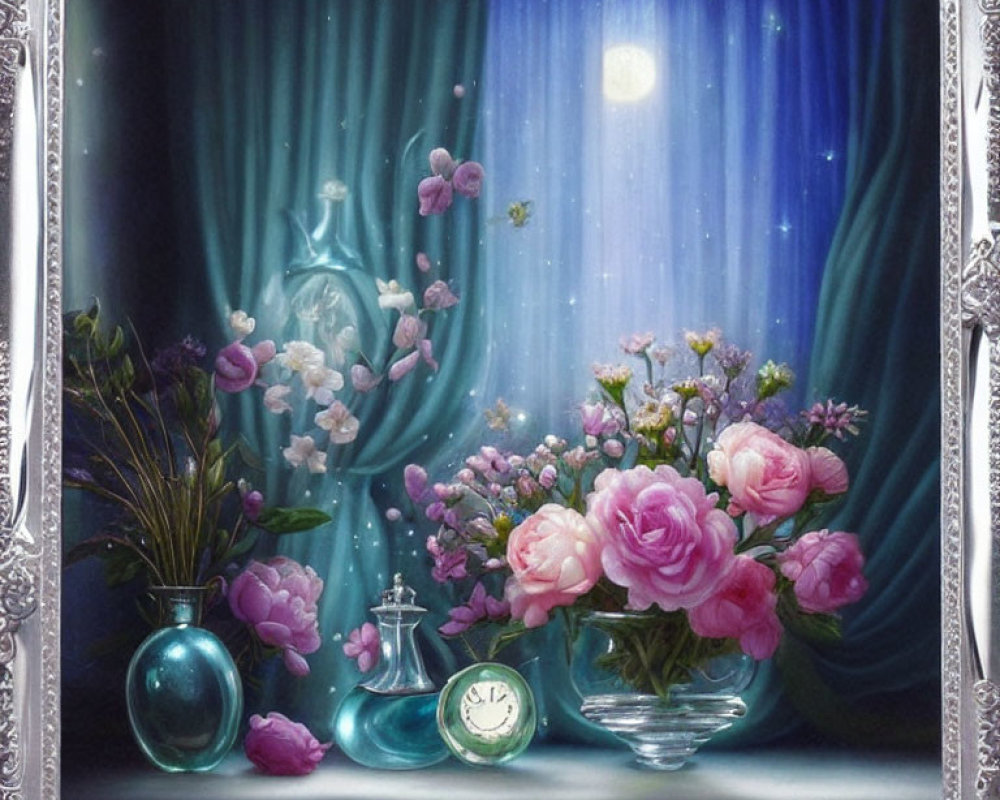 Pink flowers in vases with teal curtains and moon backdrop