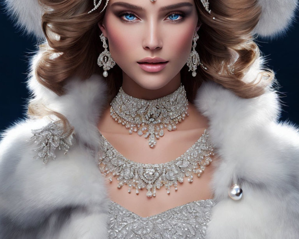 Luxuriously adorned woman in fur coat with intricate jewelry on blue background