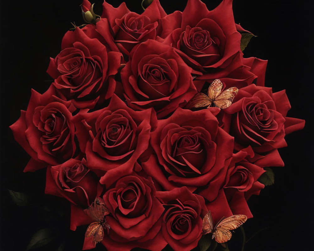 Red roses bouquet with butterflies on black background