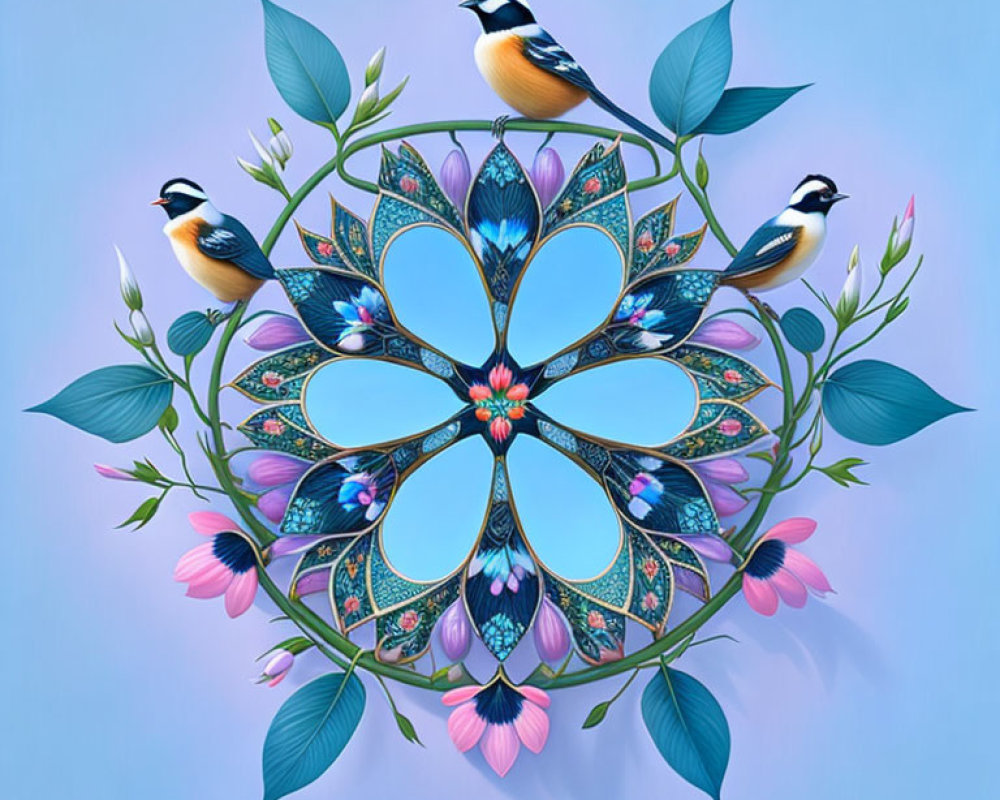 Birds perched on circular frame with blue and pink flowers on green background