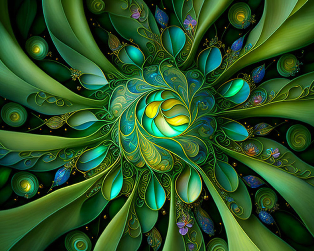 Colorful Digital Fractal Image: Abstract Flower Patterns in Green, Blue, and Yellow