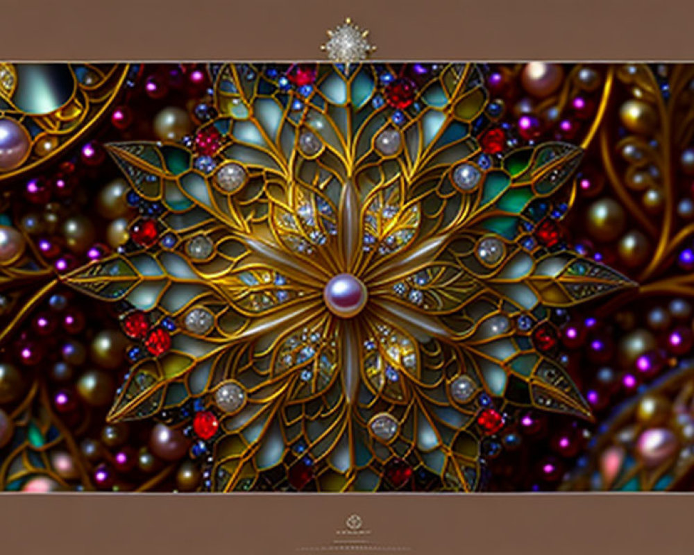 Symmetrical golden mandala with jewels on dark glossy background