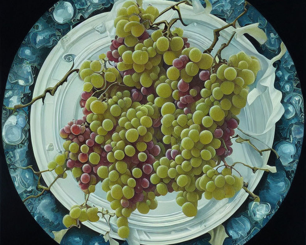 Still life painting with grape clusters and white dishes on dark, bubble pattern background