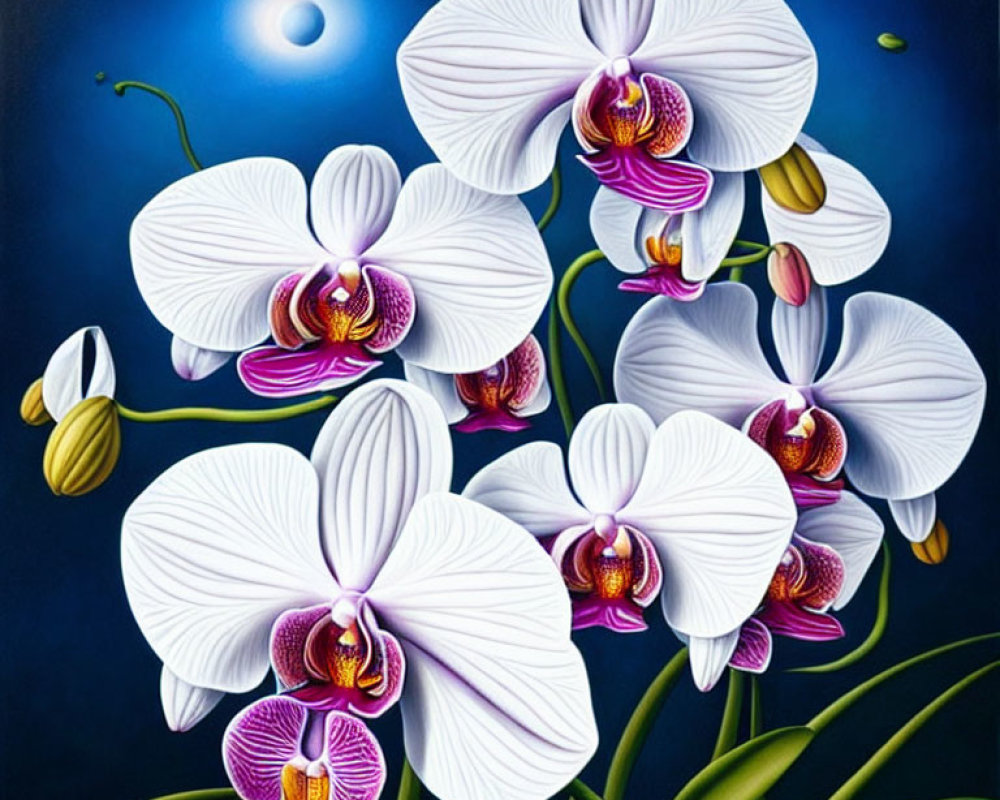 Detailed white and purple orchids painting under moonlit sky