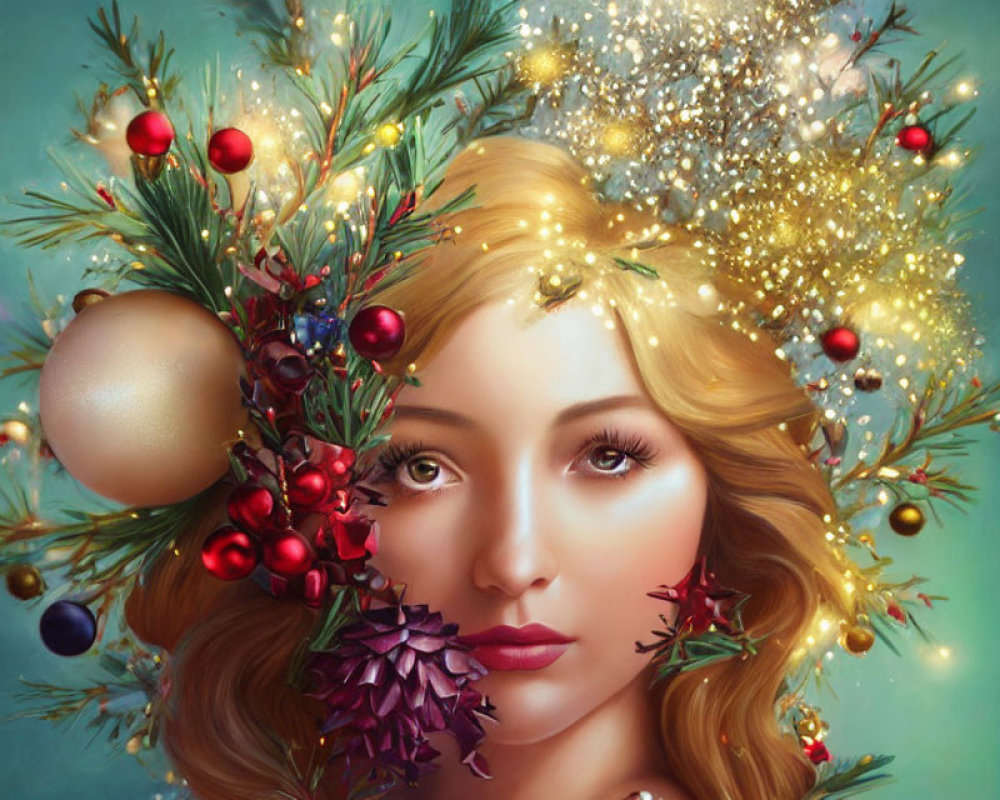 Woman adorned with Christmas decorations in hair.