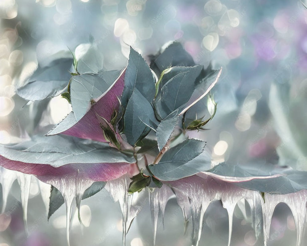 Icicle-covered leaves and branches on sparkling winter background