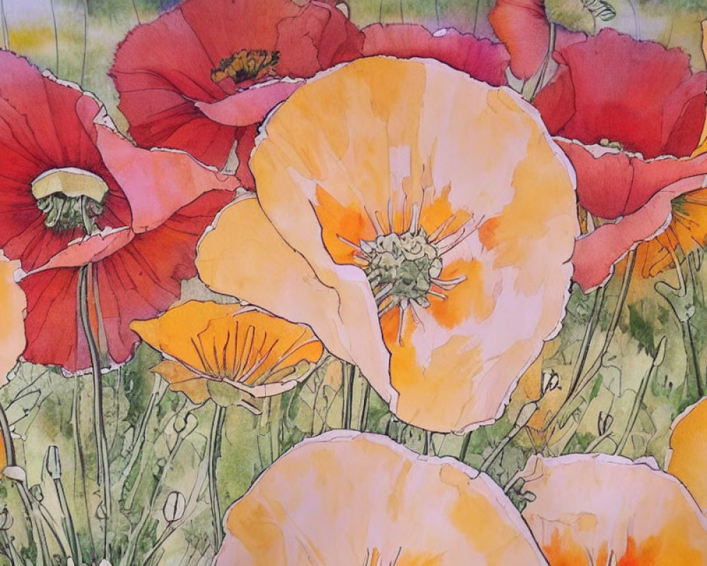 Vibrant Orange and Red Poppies in Watercolor
