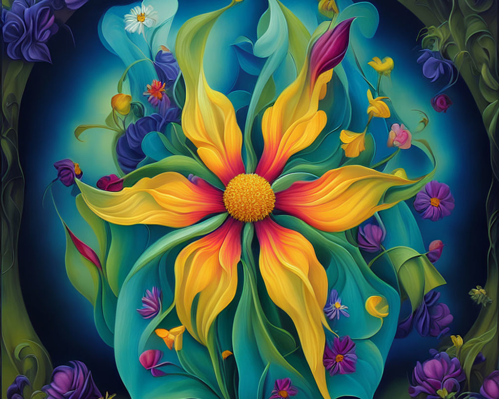 Colorful Stylized Painting of Yellow Bloom Among Flowers