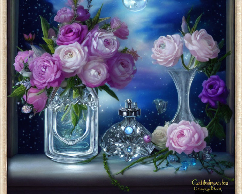 Pink and White Roses Bouquet with Perfume Bottle and Crystal Ornaments on Starry Night Sky Background